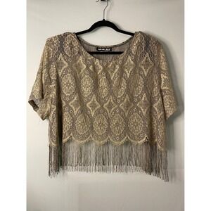 VTG SHARADE of California Womens 20W Gold Black Lace Fringe Kimono Top